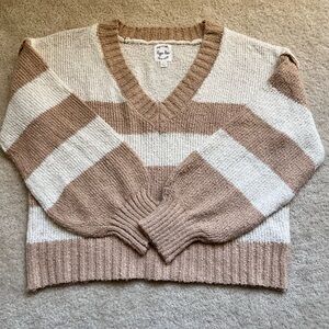 Cream and Tan Striped V-Neck Sweater with Blousy Sleeves, Size Large